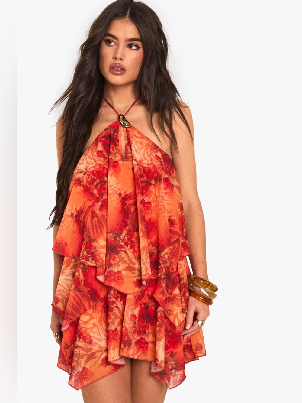Boohoo Abstract Halterneck Tiered Mini Dress
